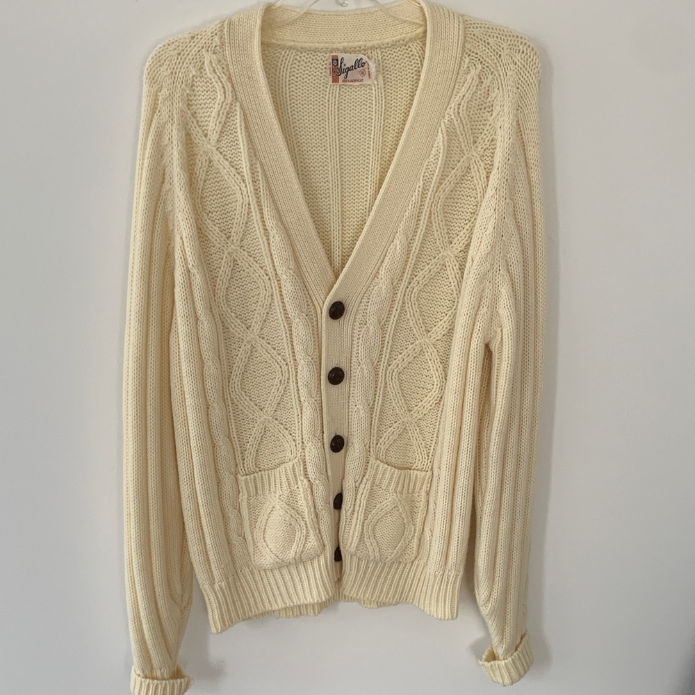Vintage Sigallo bulky fisherman’s Cream Cable Knit Cardigan Sweater